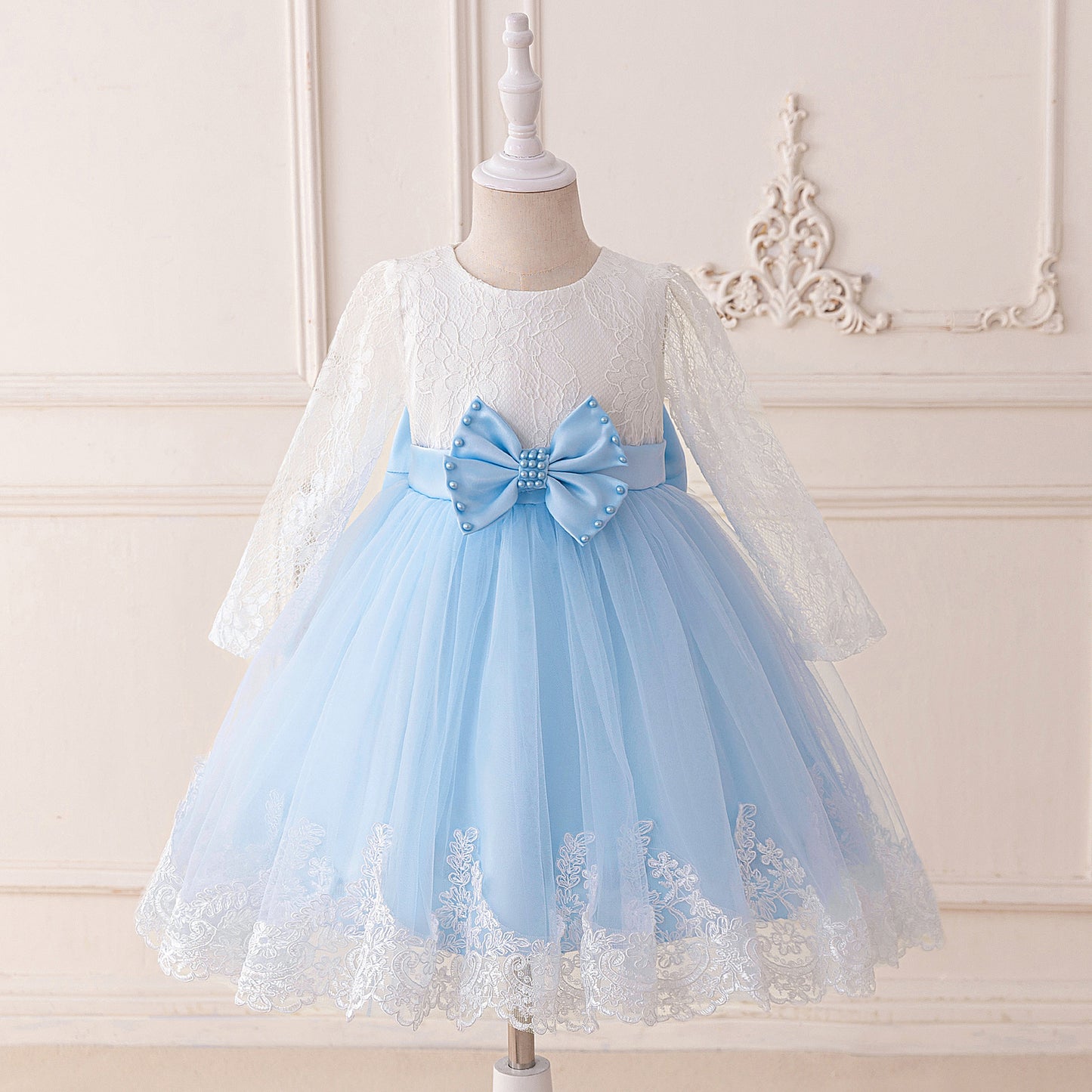 Cute Long Sleeve Lace & Tulle Flower Girl Dress with Bow – A-line Tea Length