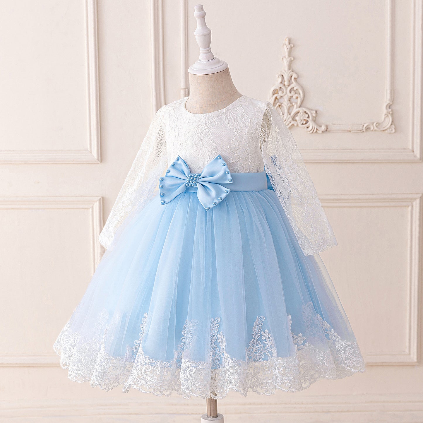 Cute Long Sleeve Lace & Tulle Flower Girl Dress with Bow – A-line Tea Length
