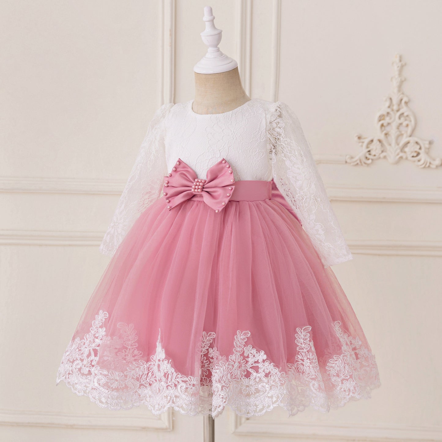 Cute Long Sleeve Lace & Tulle Flower Girl Dress with Bow – A-line Tea Length