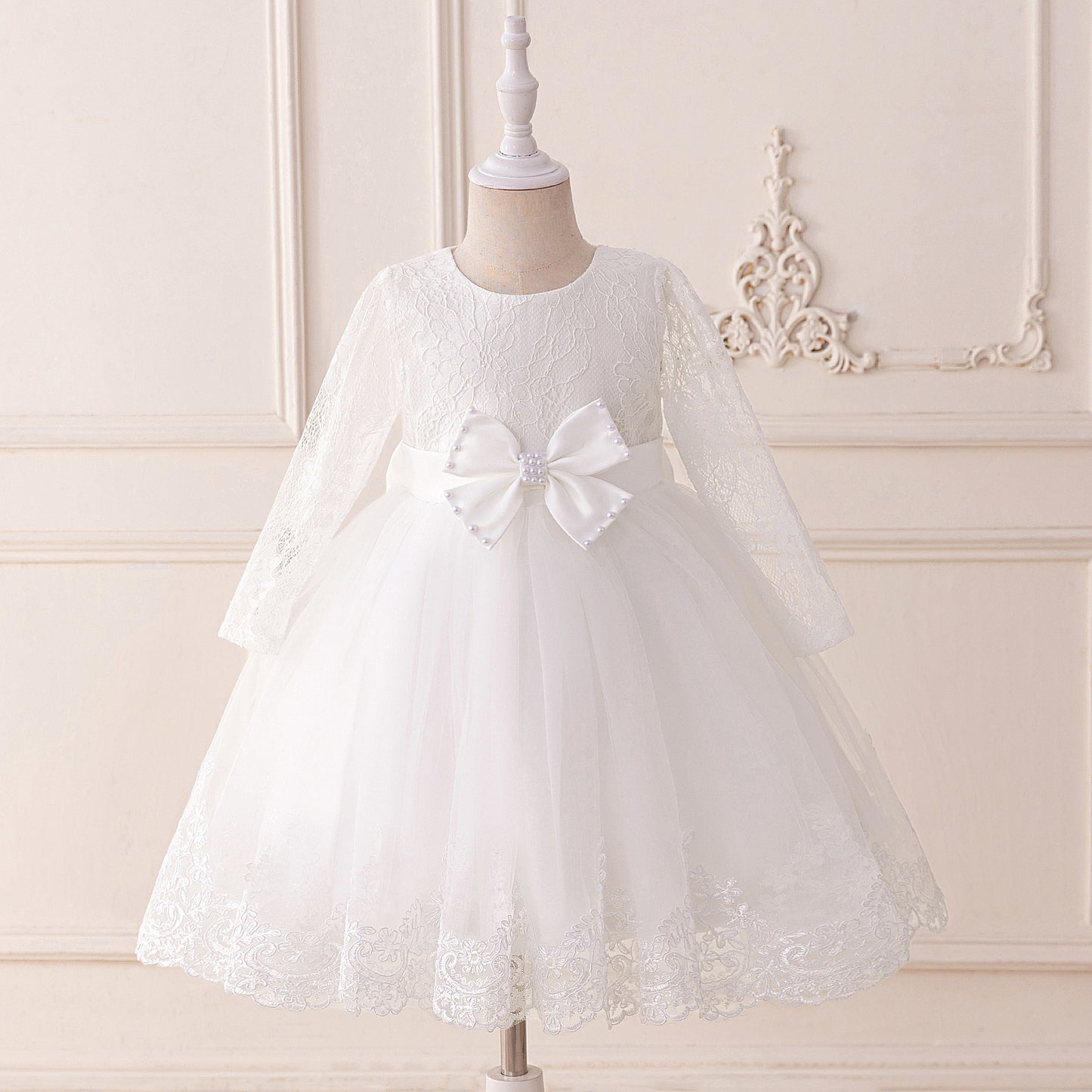 Cute Long Sleeve Lace & Tulle Flower Girl Dress with Bow – A-line Tea Length