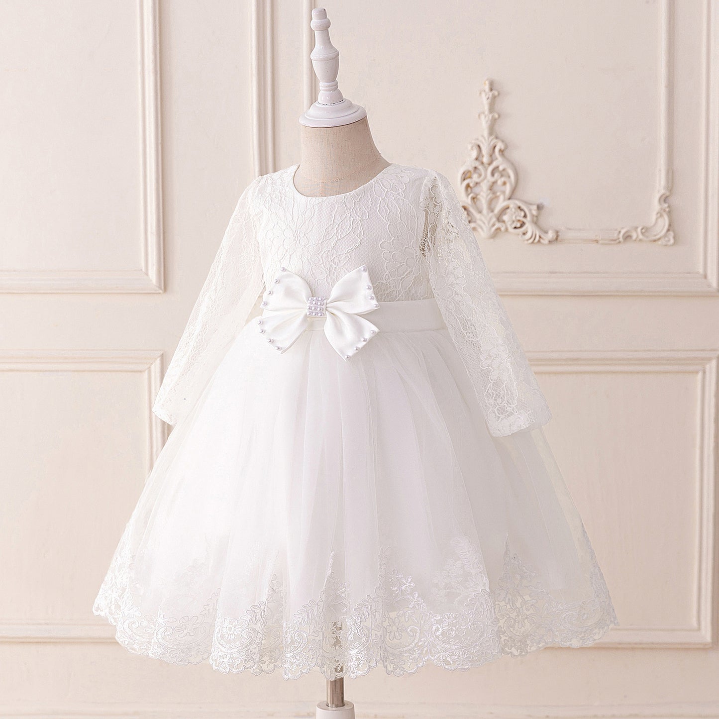 Cute Long Sleeve Lace & Tulle Flower Girl Dress with Bow – A-line Tea Length