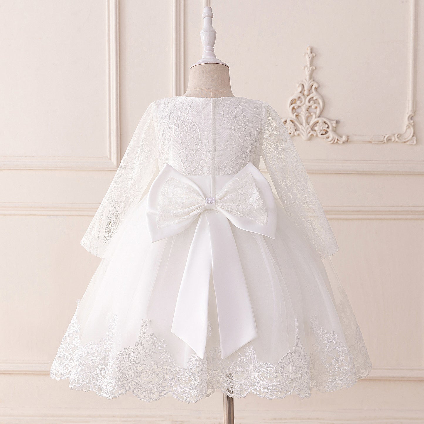 Cute Long Sleeve Lace & Tulle Flower Girl Dress with Bow – A-line Tea Length