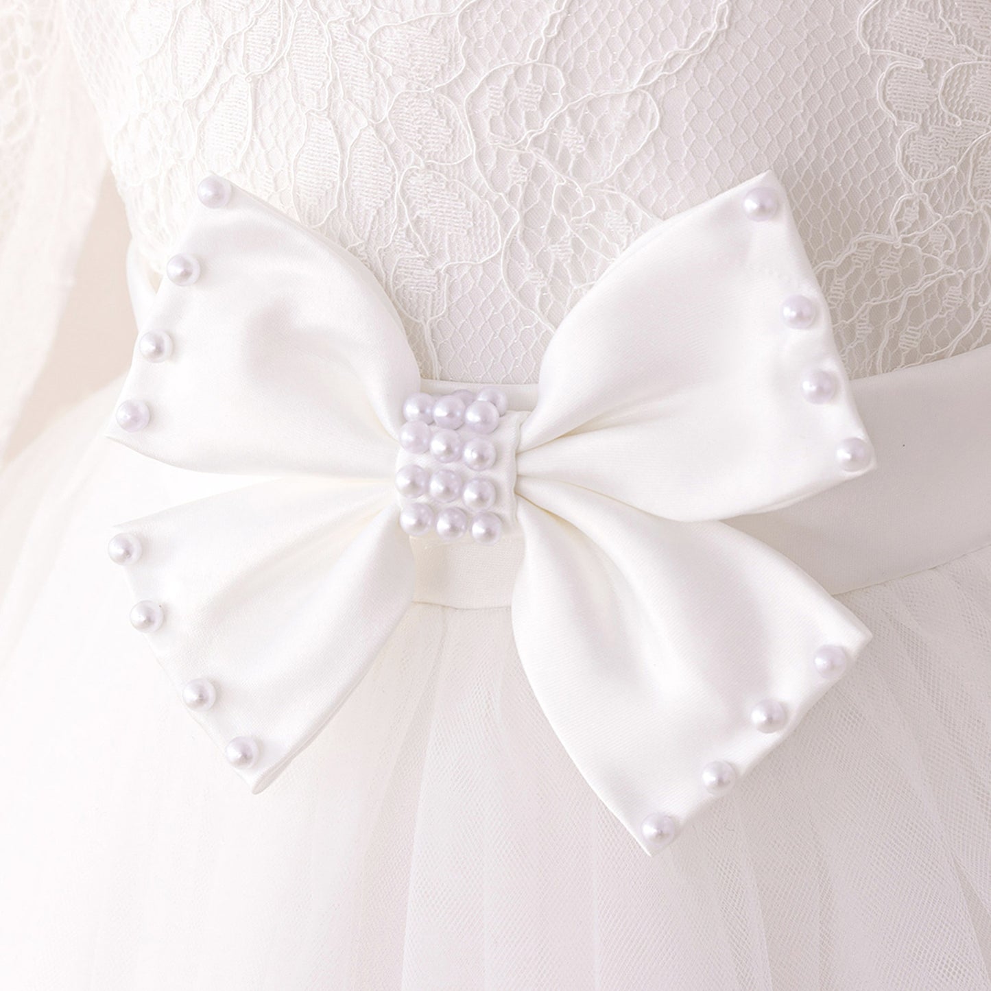 Cute Long Sleeve Lace & Tulle Flower Girl Dress with Bow – A-line Tea Length