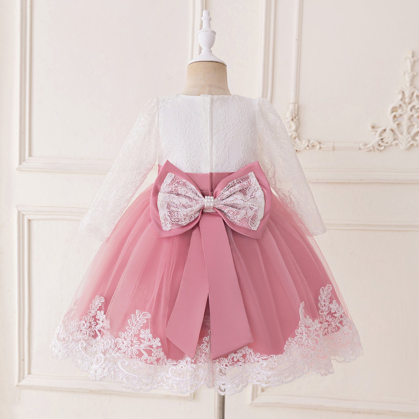 Cute Long Sleeve Lace & Tulle Flower Girl Dress with Bow – A-line Tea Length