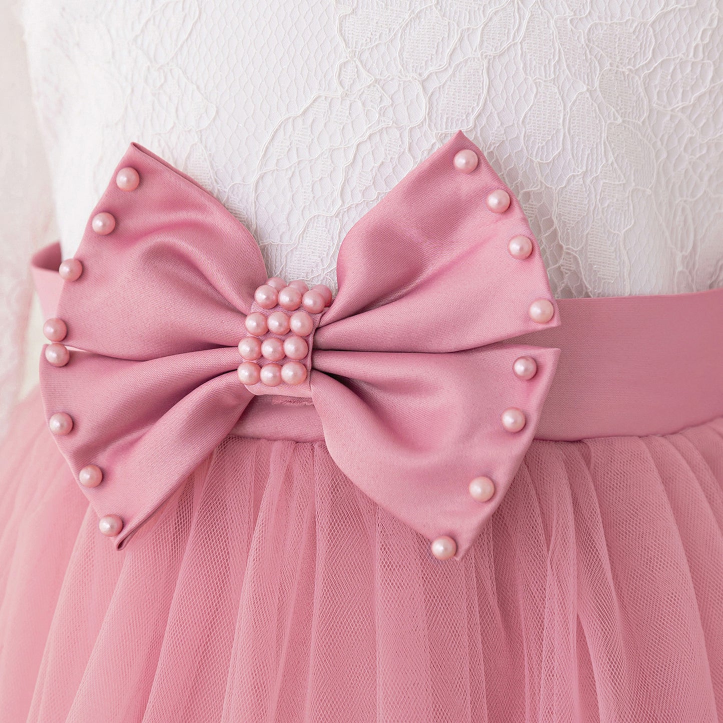 Cute Long Sleeve Lace & Tulle Flower Girl Dress with Bow – A-line Tea Length