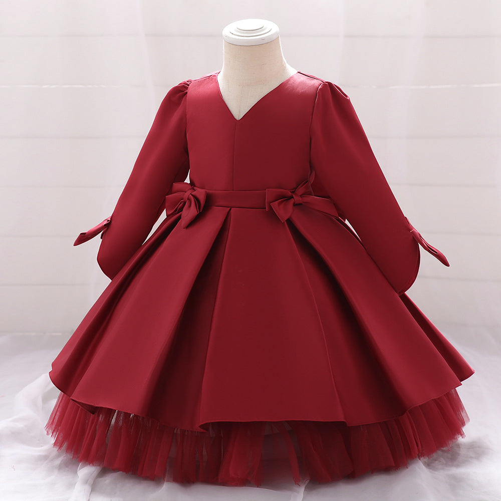 Cute Long Sleeve Satin A-Line Flower Girl Dress with Bowknot | Tea Length