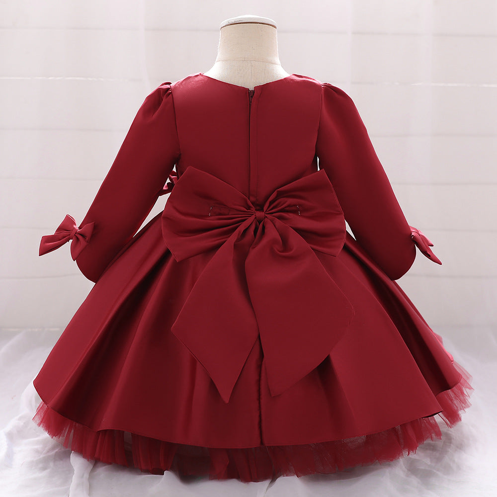 Cute Long Sleeve Satin A-Line Flower Girl Dress with Bowknot | Tea Length