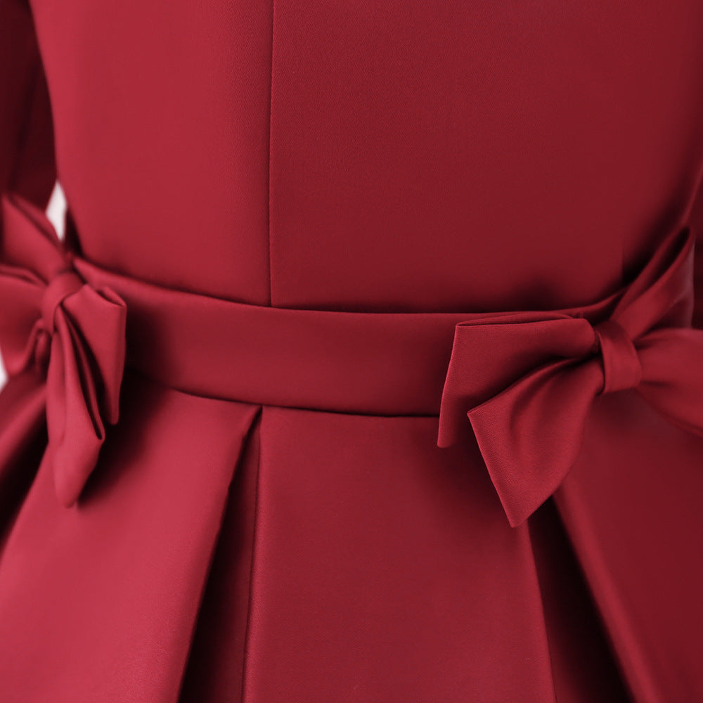 Cute Long Sleeve Satin A-Line Flower Girl Dress with Bowknot | Tea Length