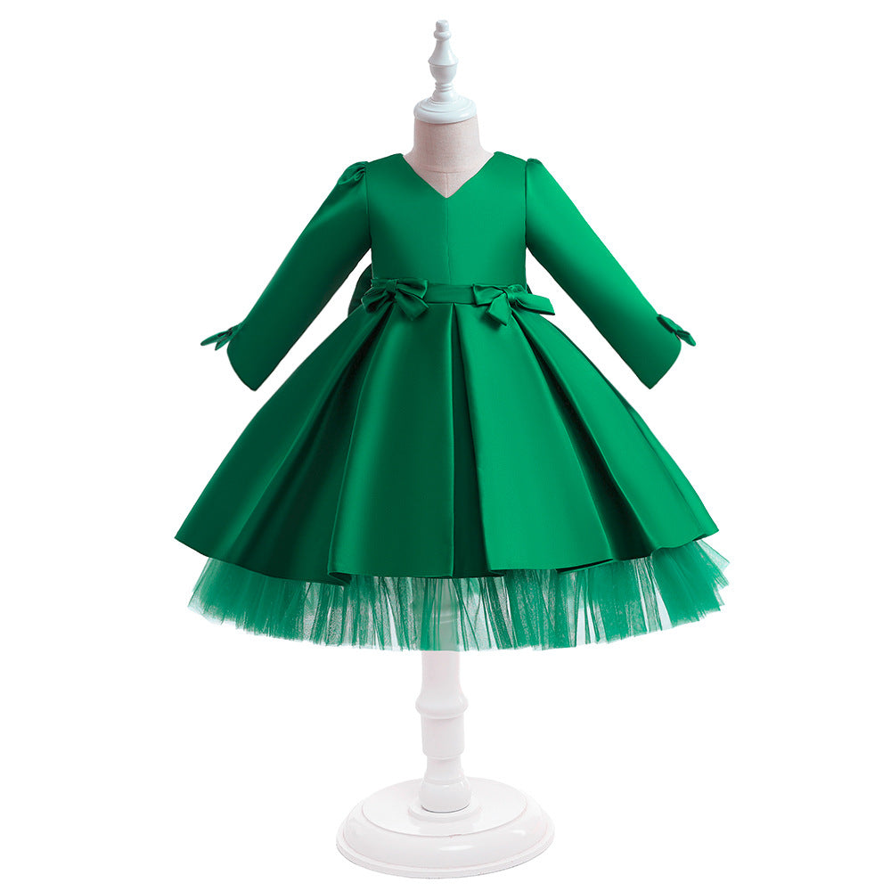 Cute Long Sleeve Satin A-Line Flower Girl Dress with Bowknot | Tea Length