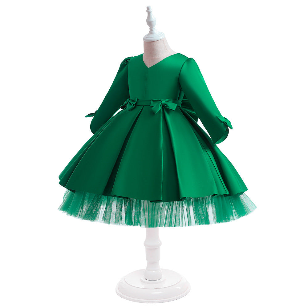 Cute Long Sleeve Satin A-Line Flower Girl Dress with Bowknot | Tea Length