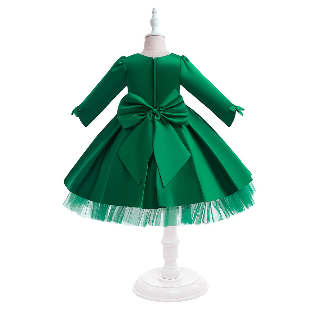 Cute Long Sleeve Satin A-Line Flower Girl Dress with Bowknot | Tea Length