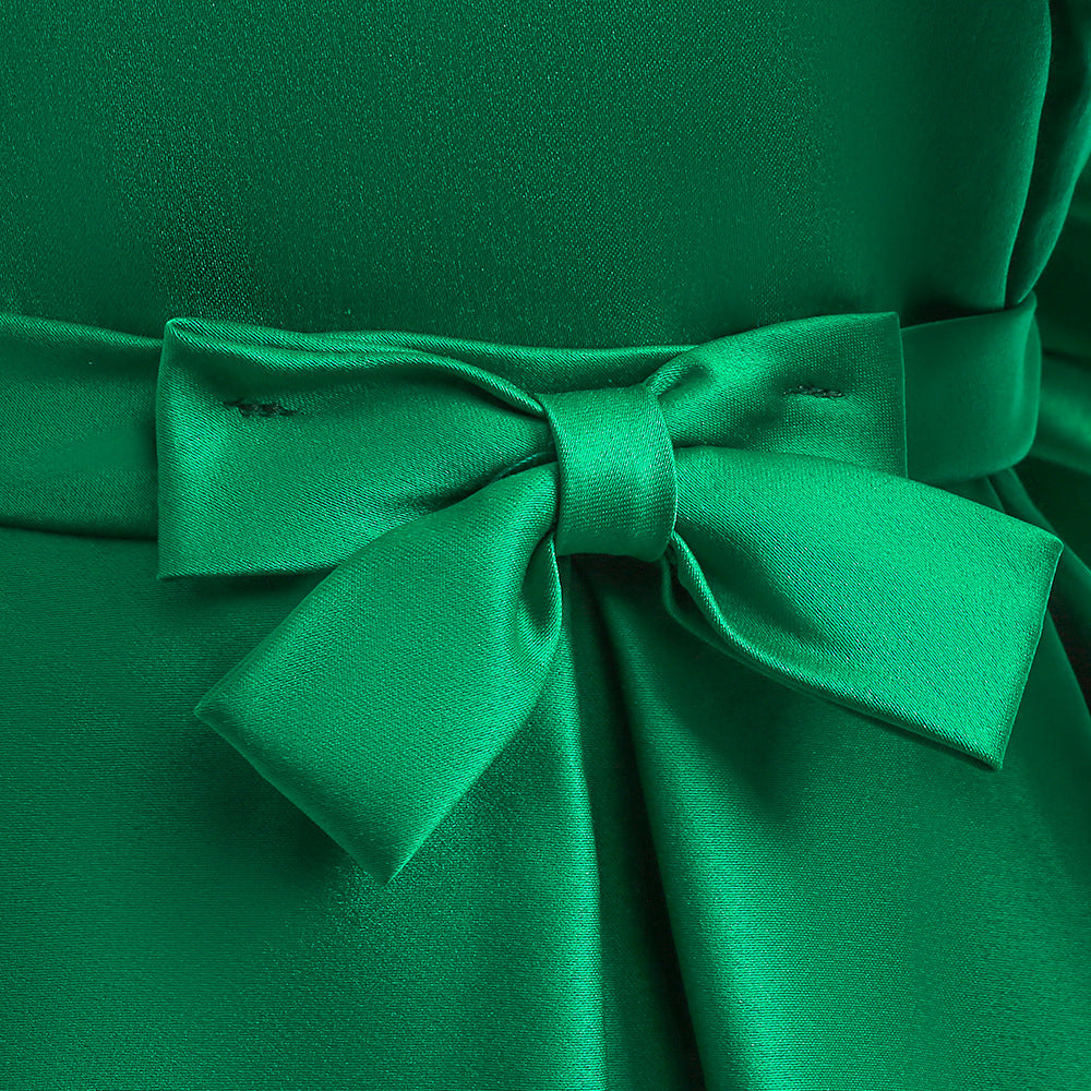 Cute Long Sleeve Satin A-Line Flower Girl Dress with Bowknot | Tea Length