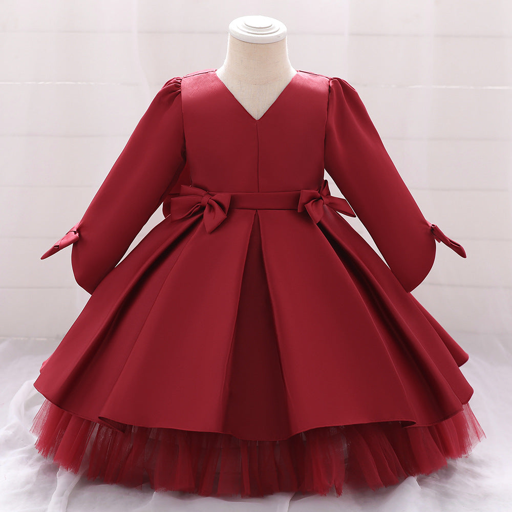 Cute Long Sleeve Satin A-Line Flower Girl Dress with Bowknot | Tea Length