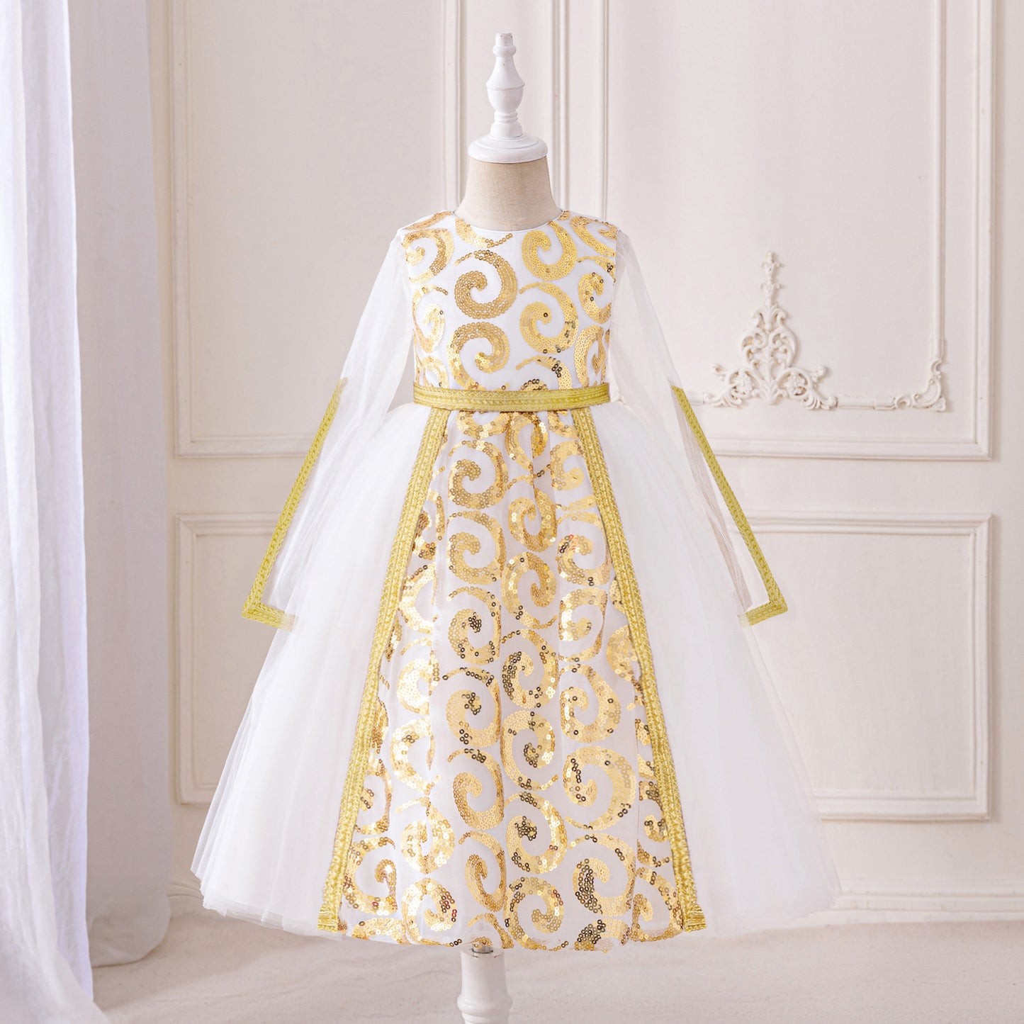 Girls White Sequin Tulle Maxi Princess Dress with Long Sleeves - Occasion Gown Ages 3-8