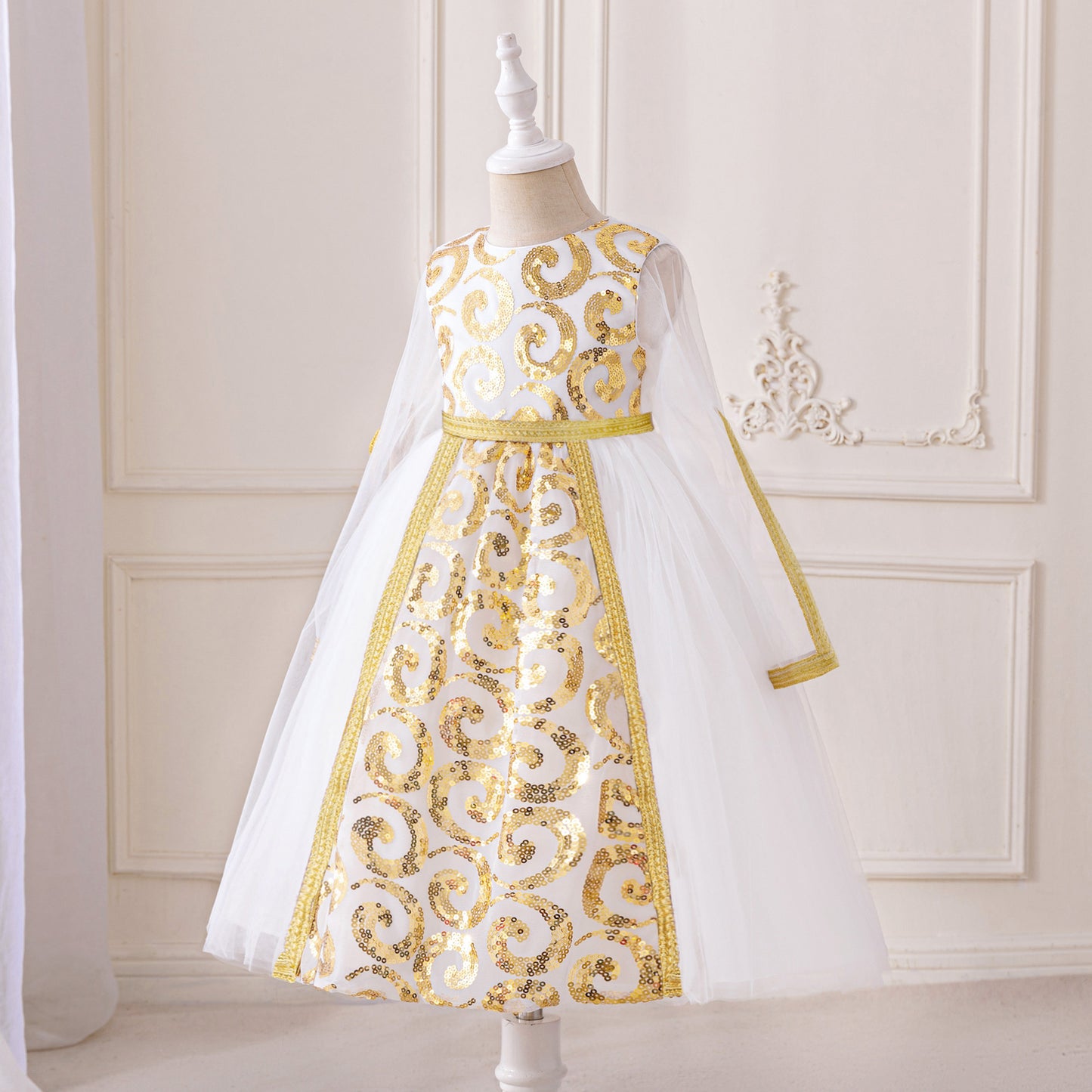 Girls White Sequin Tulle Maxi Princess Dress with Long Sleeves - Occasion Gown Ages 3-8