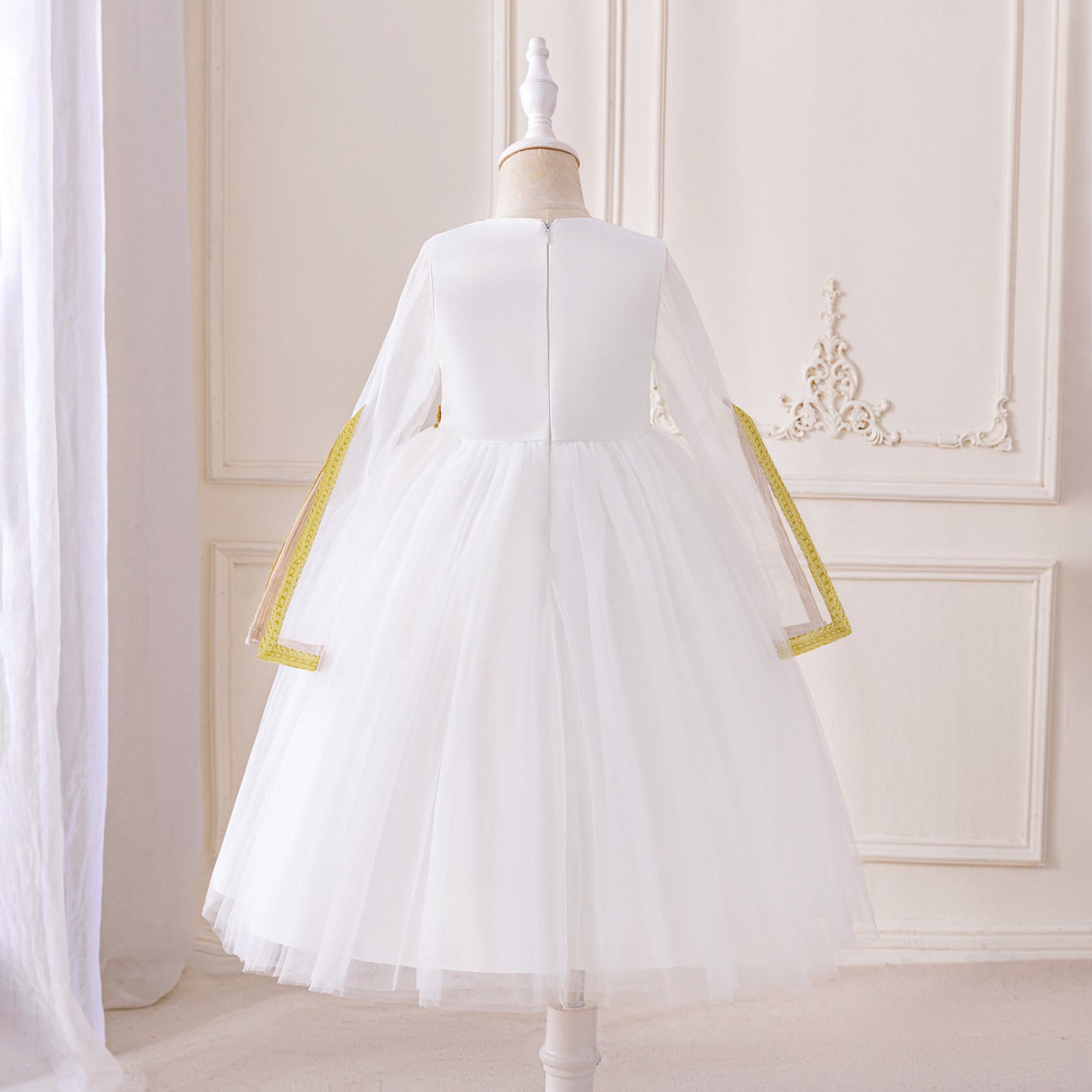 Girls White Sequin Tulle Maxi Princess Dress with Long Sleeves - Occasion Gown Ages 3-8