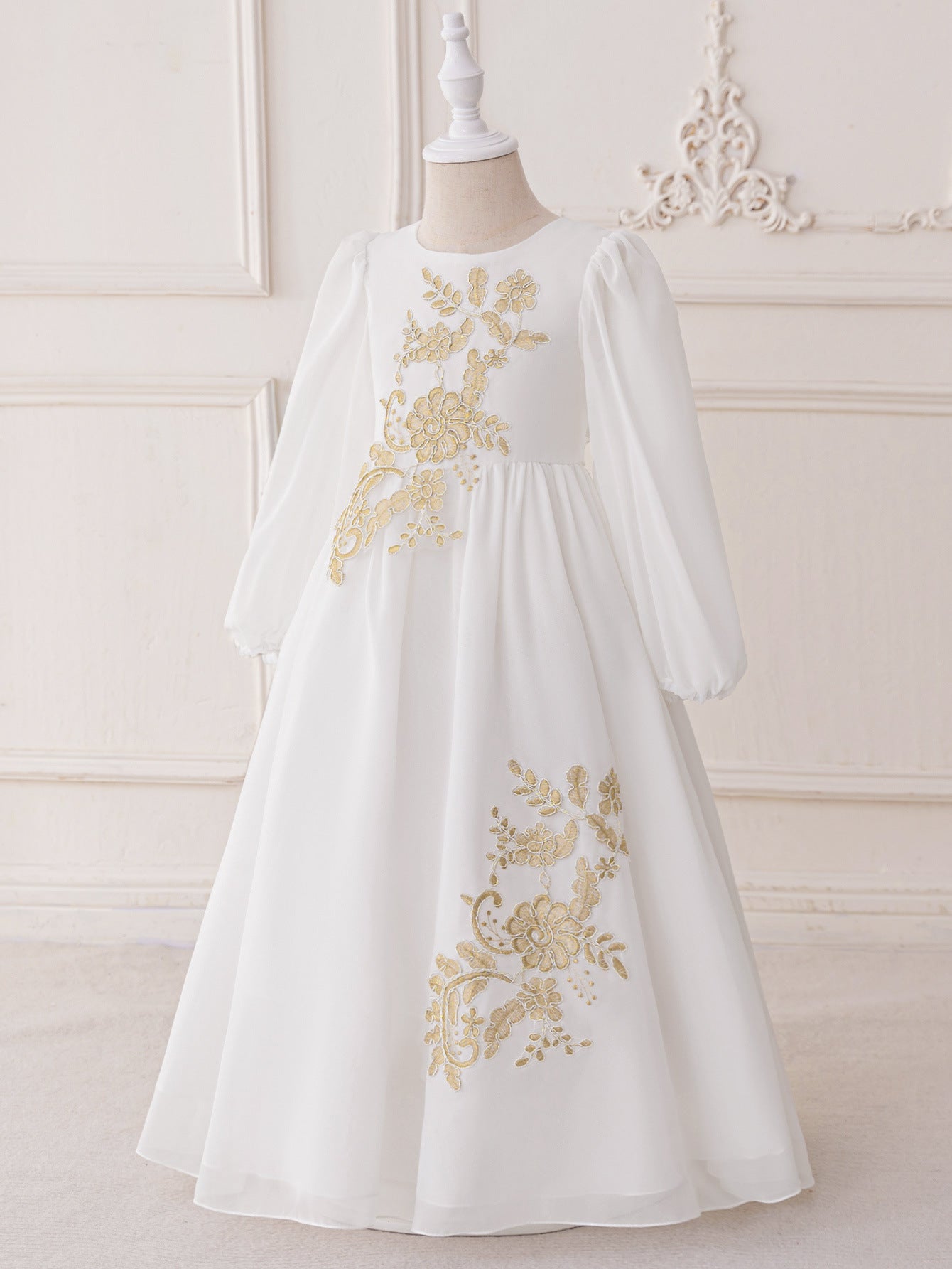 Long Sleeve White Chiffon A-Line Flower Girl Dress with Lace – Maxi Formal Gown