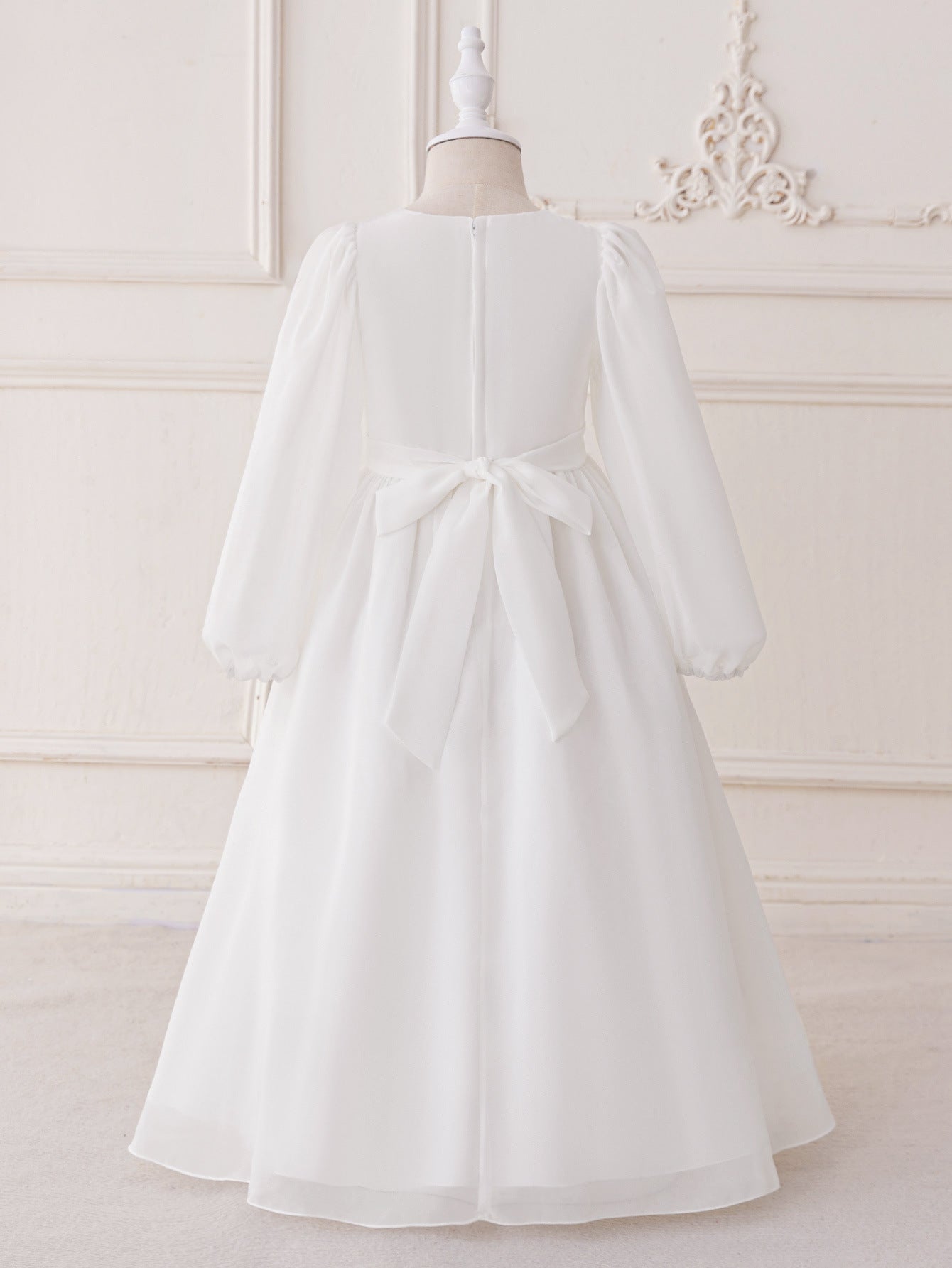 Long Sleeve White Chiffon A-Line Flower Girl Dress with Lace – Maxi Formal Gown