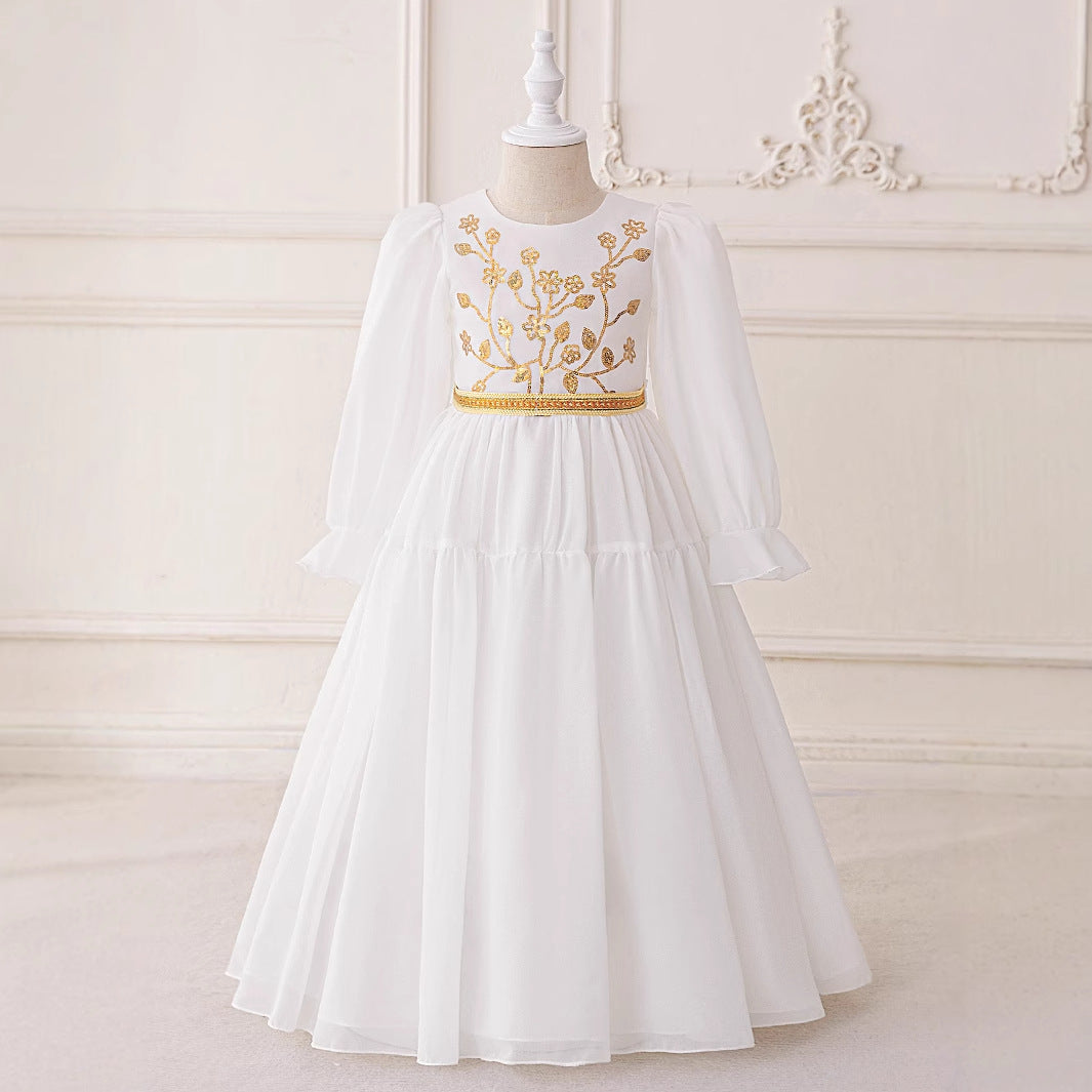 Long Sleeve White A-Line Maxi Dress for Girls with Sequins and Beads | Formal & Party Wear