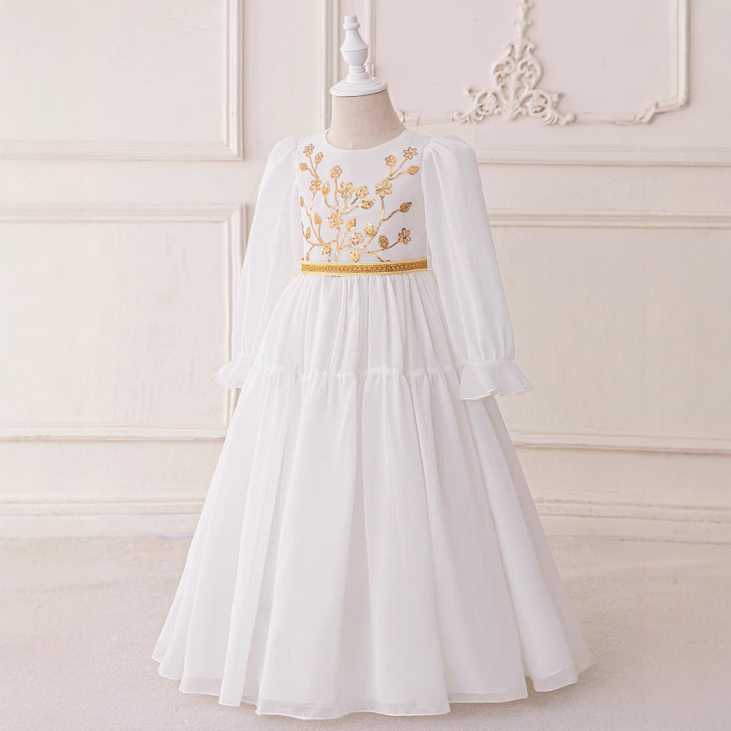 Long Sleeve White A-Line Maxi Dress for Girls with Sequins and Beads | Formal & Party Wear