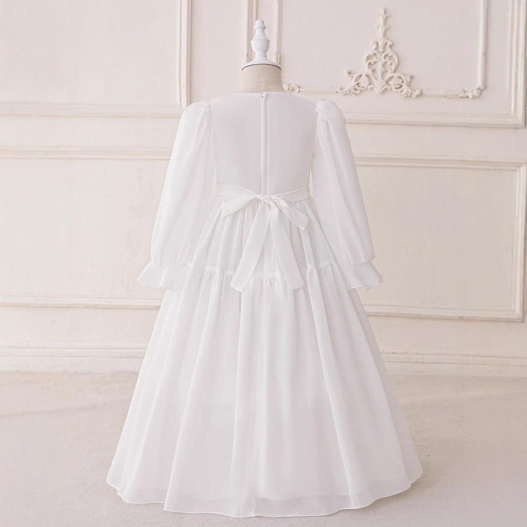 Long Sleeve White A-Line Maxi Dress for Girls with Sequins and Beads | Formal & Party Wear