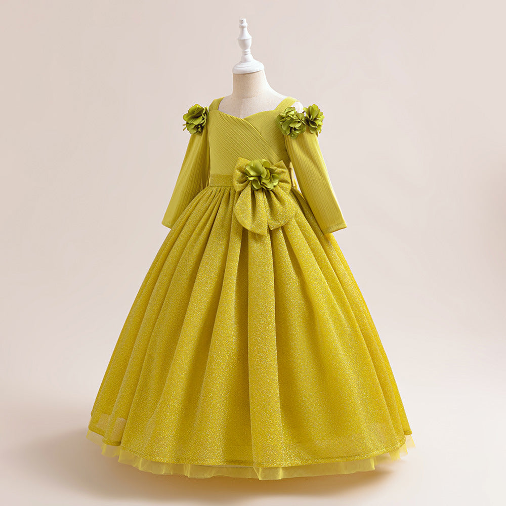 Mustard Yellow Maxi Flower Girl Dress with Bow – Girls’ Formal Princess Gown