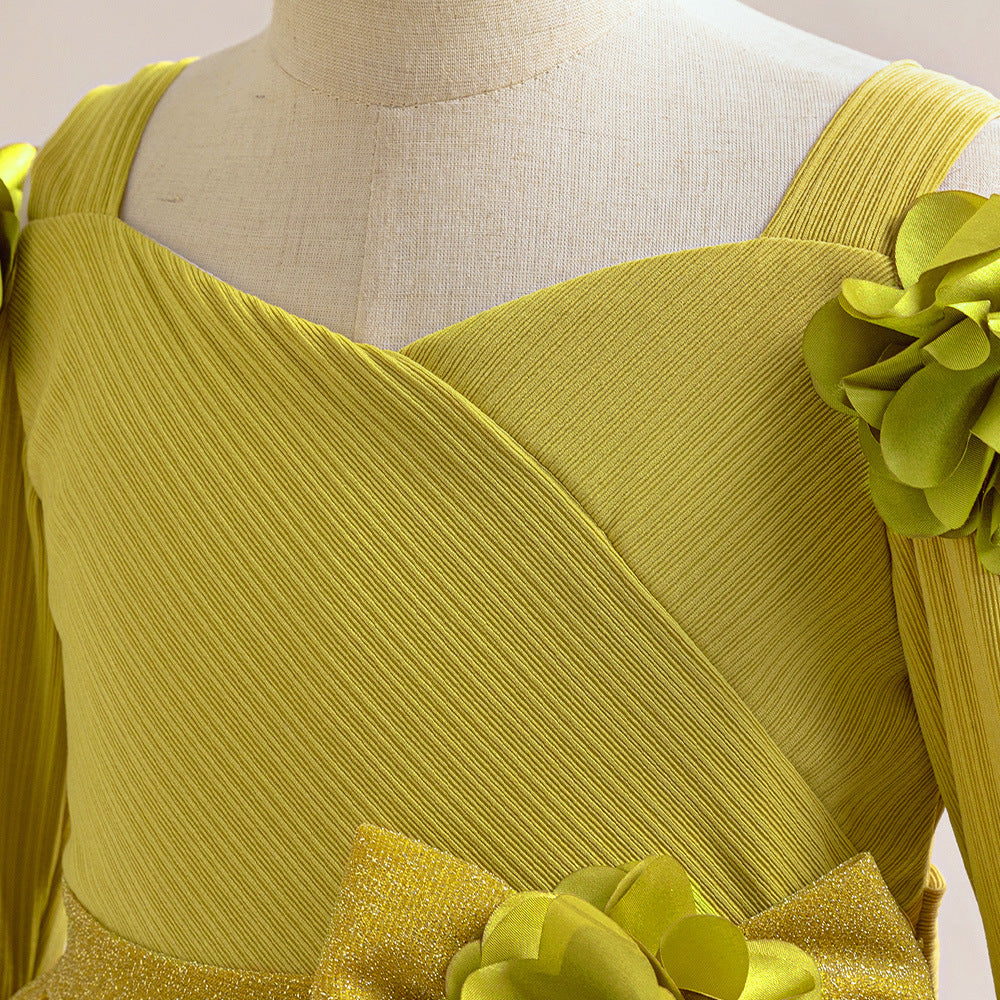 Mustard Yellow Maxi Flower Girl Dress with Bow – Girls’ Formal Princess Gown