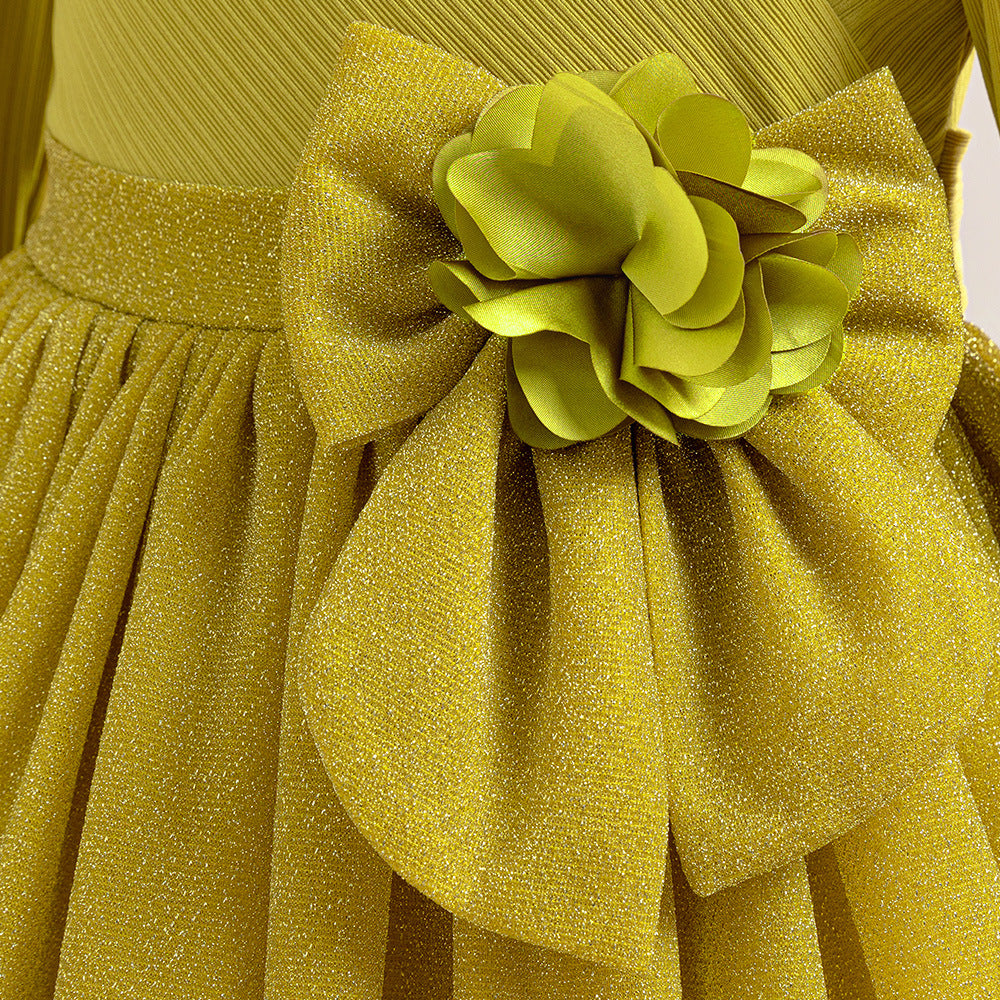 Mustard Yellow Maxi Flower Girl Dress with Bow – Girls’ Formal Princess Gown