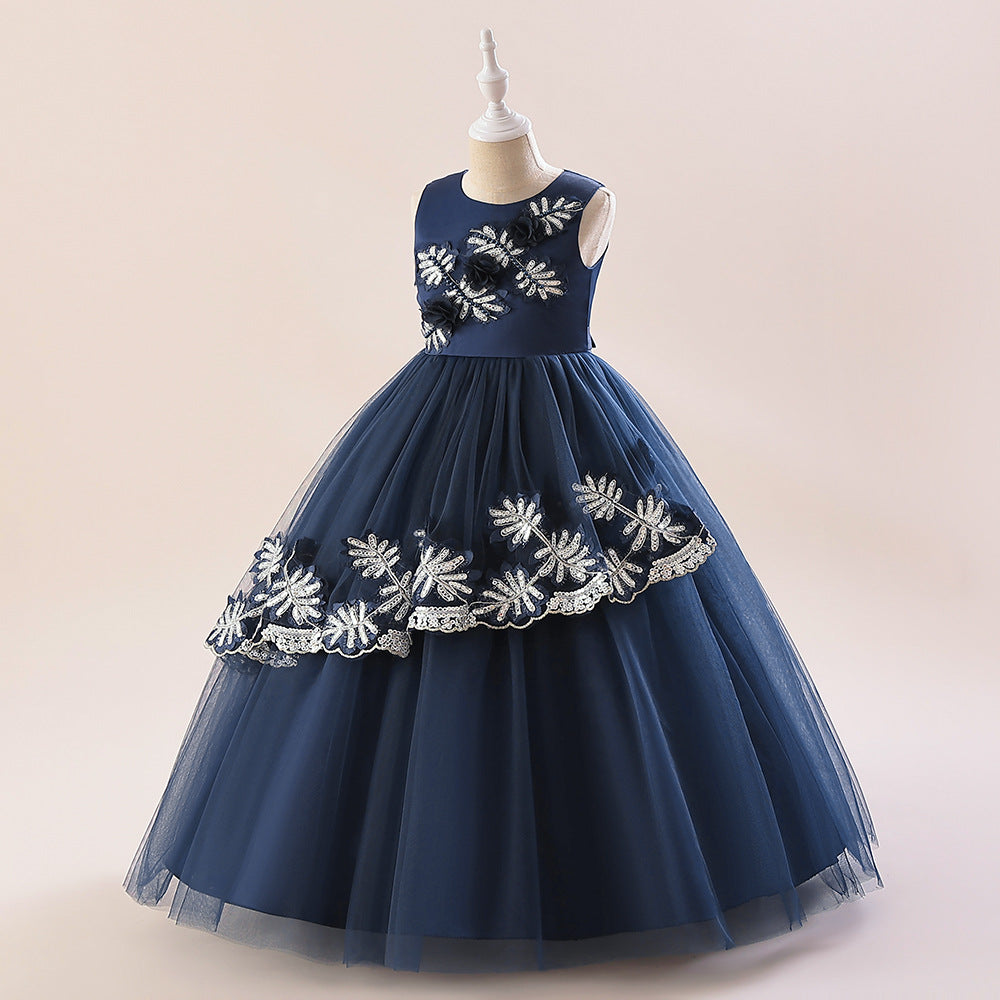 Girls' Navy Blue A-line Maxi Princess Dress with Embroidery and Flowers