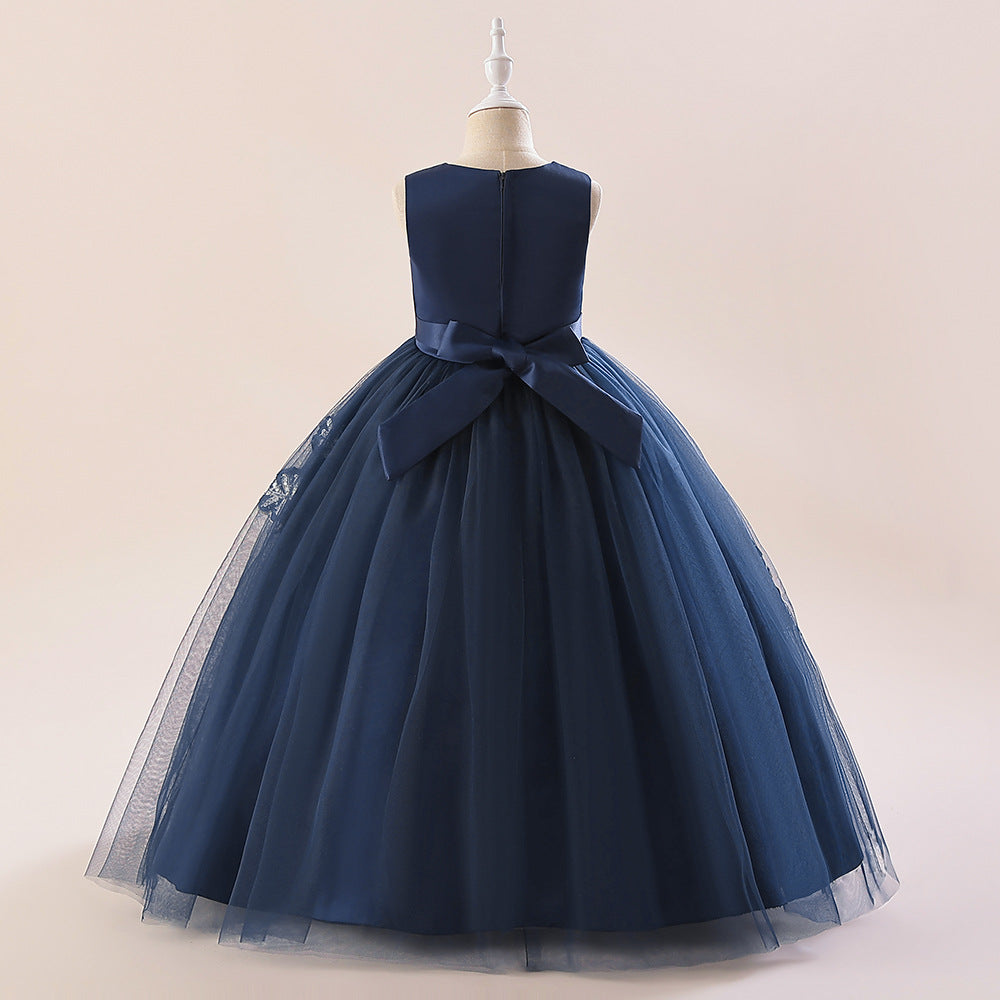 Girls' Navy Blue A-line Maxi Princess Dress with Embroidery and Flowers