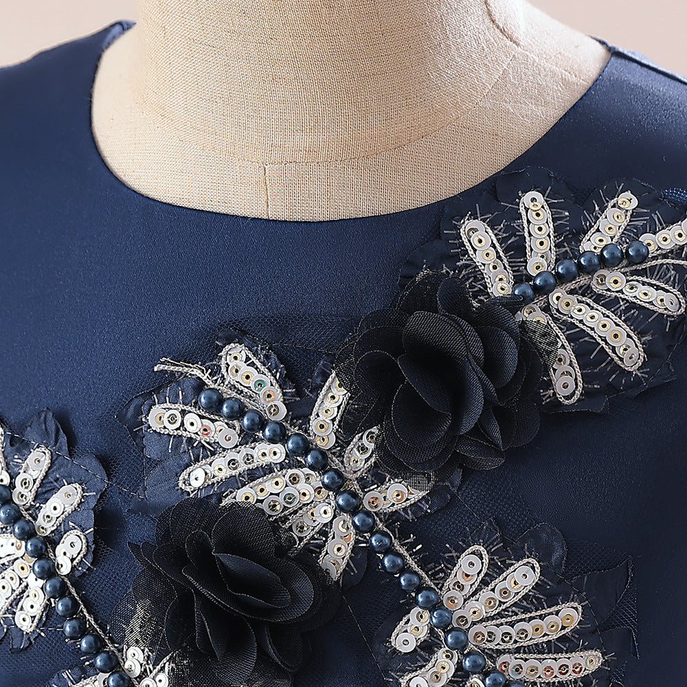 Girls' Navy Blue A-line Maxi Princess Dress with Embroidery and Flowers