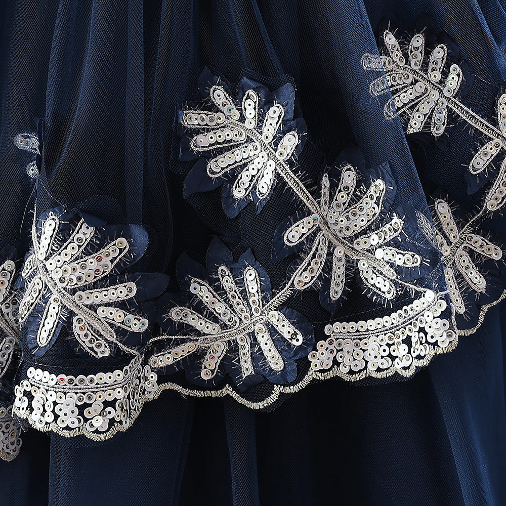 Girls' Navy Blue A-line Maxi Princess Dress with Embroidery and Flowers