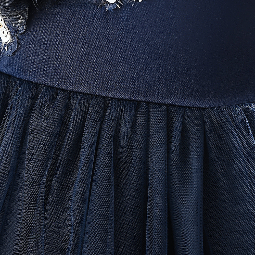 Girls' Navy Blue A-line Maxi Princess Dress with Embroidery and Flowers