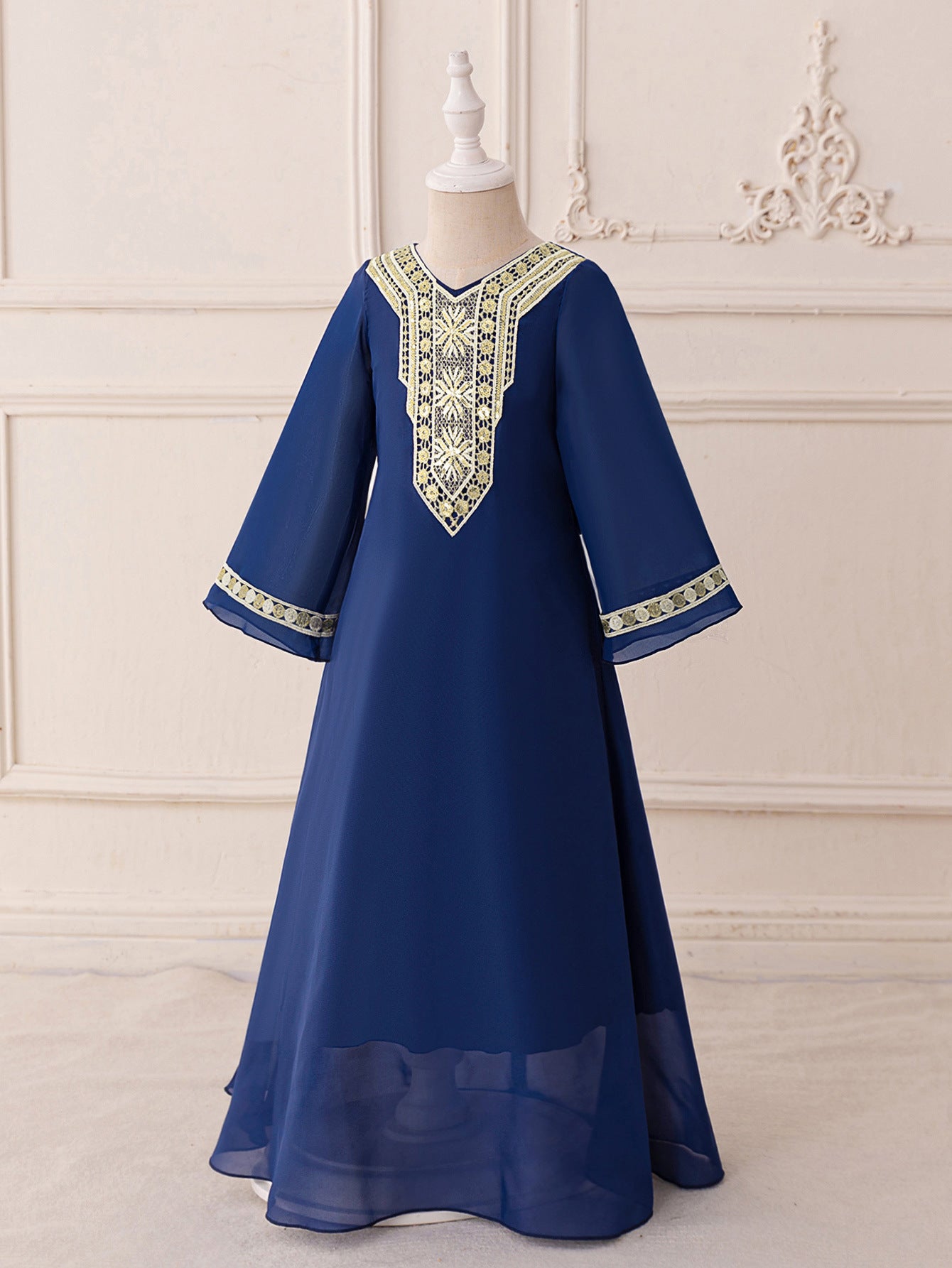 Navy Blue Long Sleeve Embroidered Chiffon Maxi Dress for Girls (Ages 3-8)