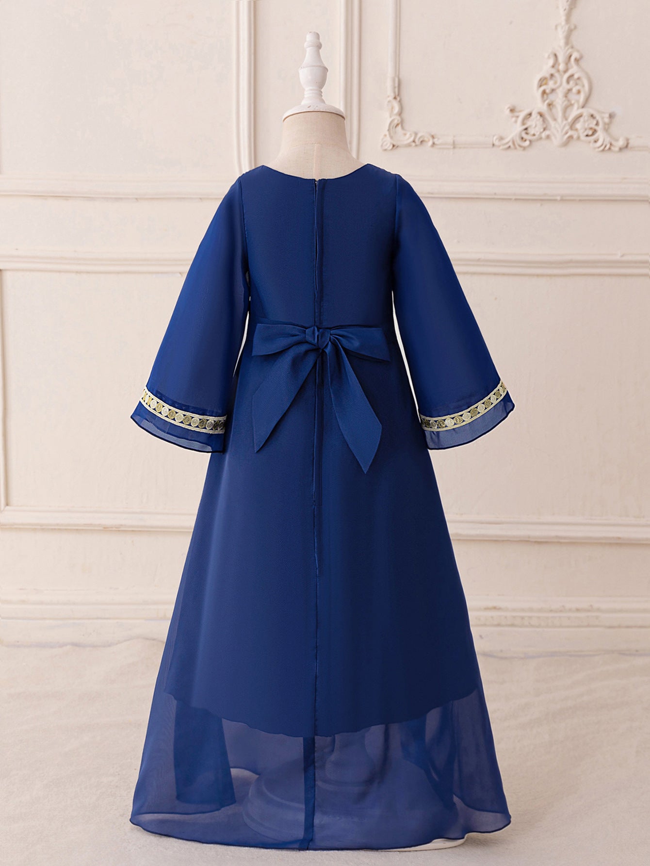 Navy Blue Long Sleeve Embroidered Chiffon Maxi Dress for Girls (Ages 3-8)