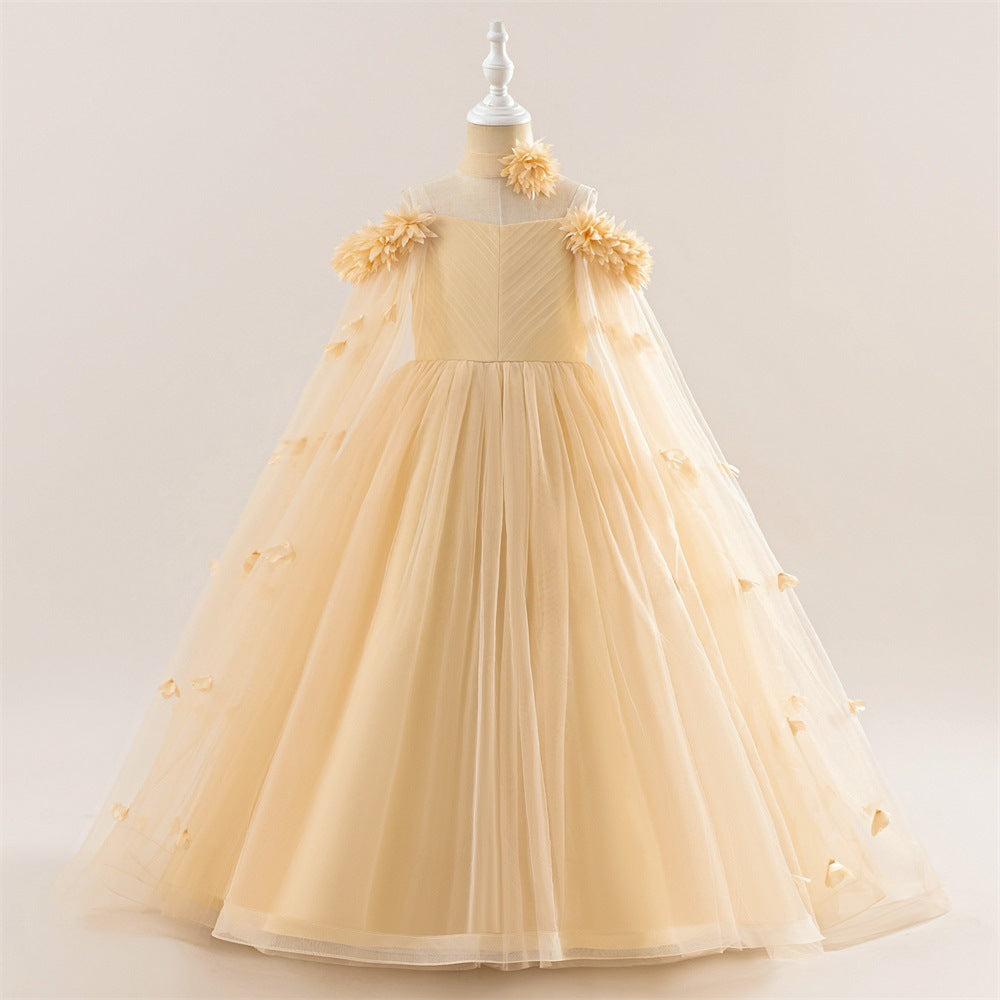 Charming A-Line Off-Shoulder Maxi Dress with 3D Applique Flowers for Girls | Party & Flower Girl Gown