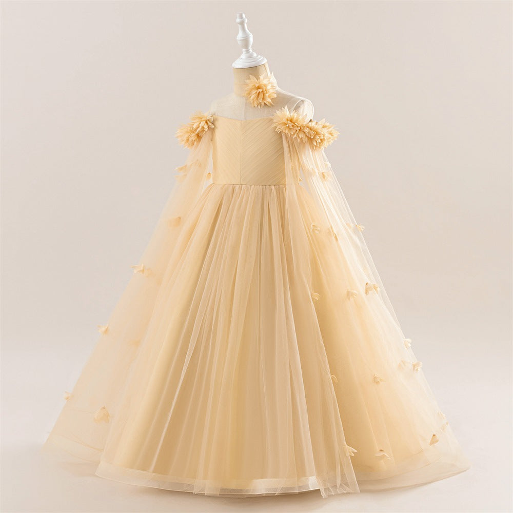 Charming A-Line Off-Shoulder Maxi Dress with 3D Applique Flowers for Girls | Party & Flower Girl Gown