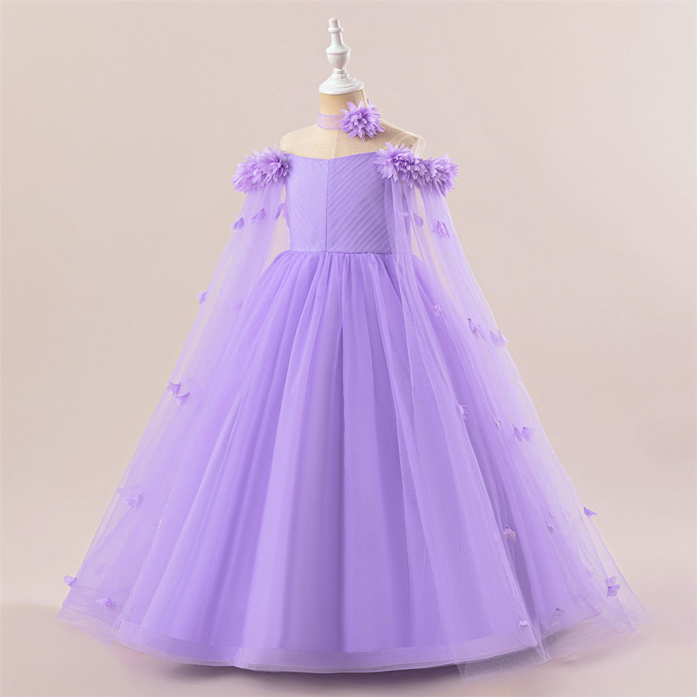 Charming A-Line Off-Shoulder Maxi Dress with 3D Applique Flowers for Girls | Party & Flower Girl Gown