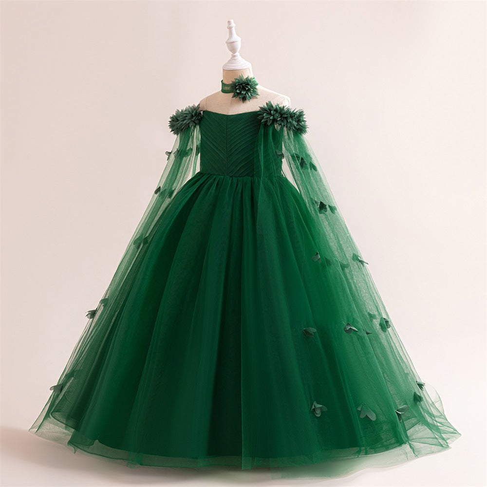 Cute Off Shoulder Maxi Tulle Dress for Girls – A-Line Princess Gown with Applique