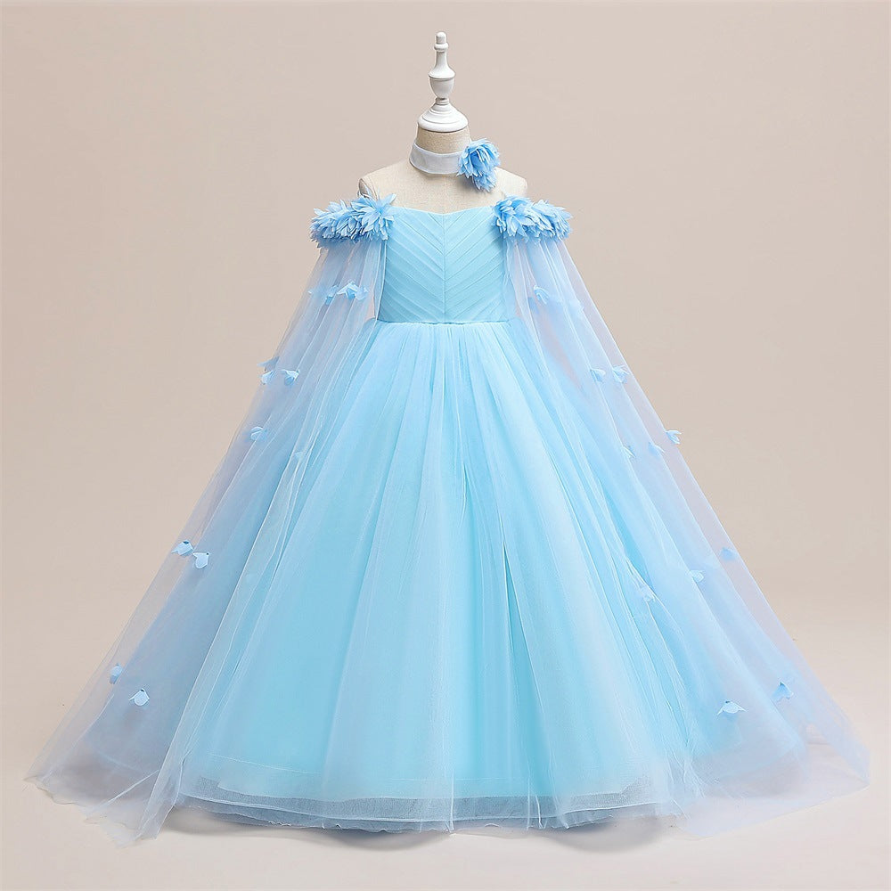 Cute Off Shoulder Maxi Tulle Dress for Girls – A-Line Princess Gown with Applique
