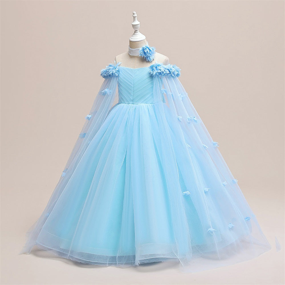 Cute Off Shoulder Maxi Tulle Dress for Girls – A-Line Princess Gown with Applique