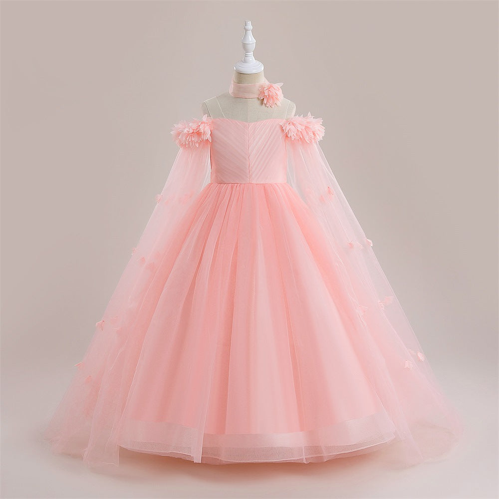Cute Off Shoulder Maxi Tulle Dress for Girls – A-Line Princess Gown with Applique