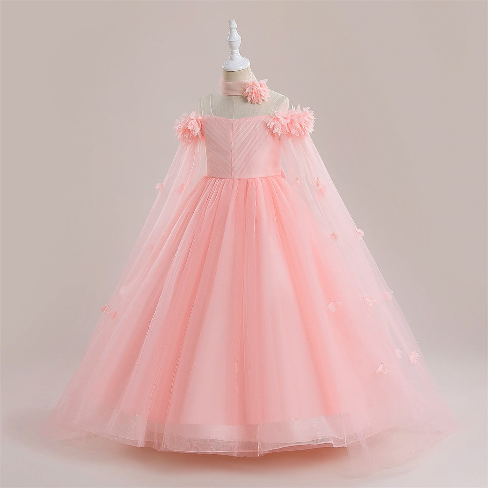 Cute Off Shoulder Maxi Tulle Dress for Girls – A-Line Princess Gown with Applique