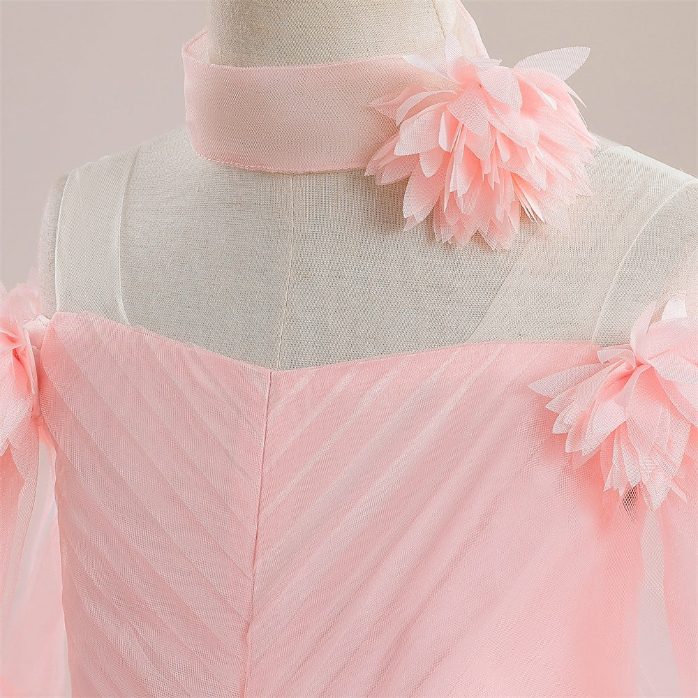 Cute Off Shoulder Maxi Tulle Dress for Girls – A-Line Princess Gown with Applique