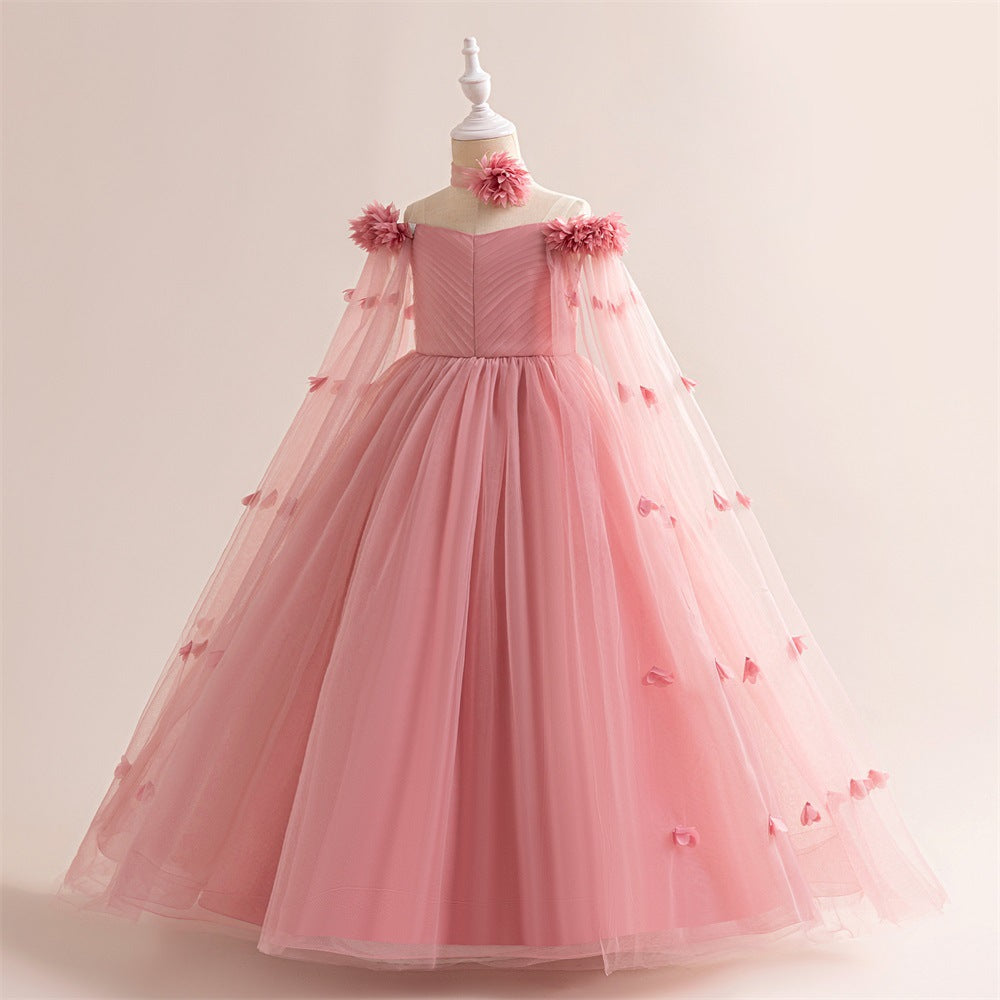 Cute Off Shoulder Maxi Tulle Dress for Girls – A-Line Princess Gown with Applique