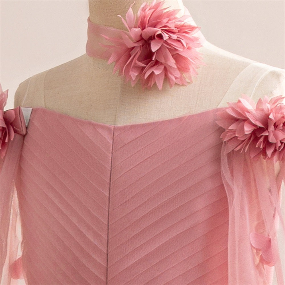 Cute Off Shoulder Maxi Tulle Dress for Girls – A-Line Princess Gown with Applique