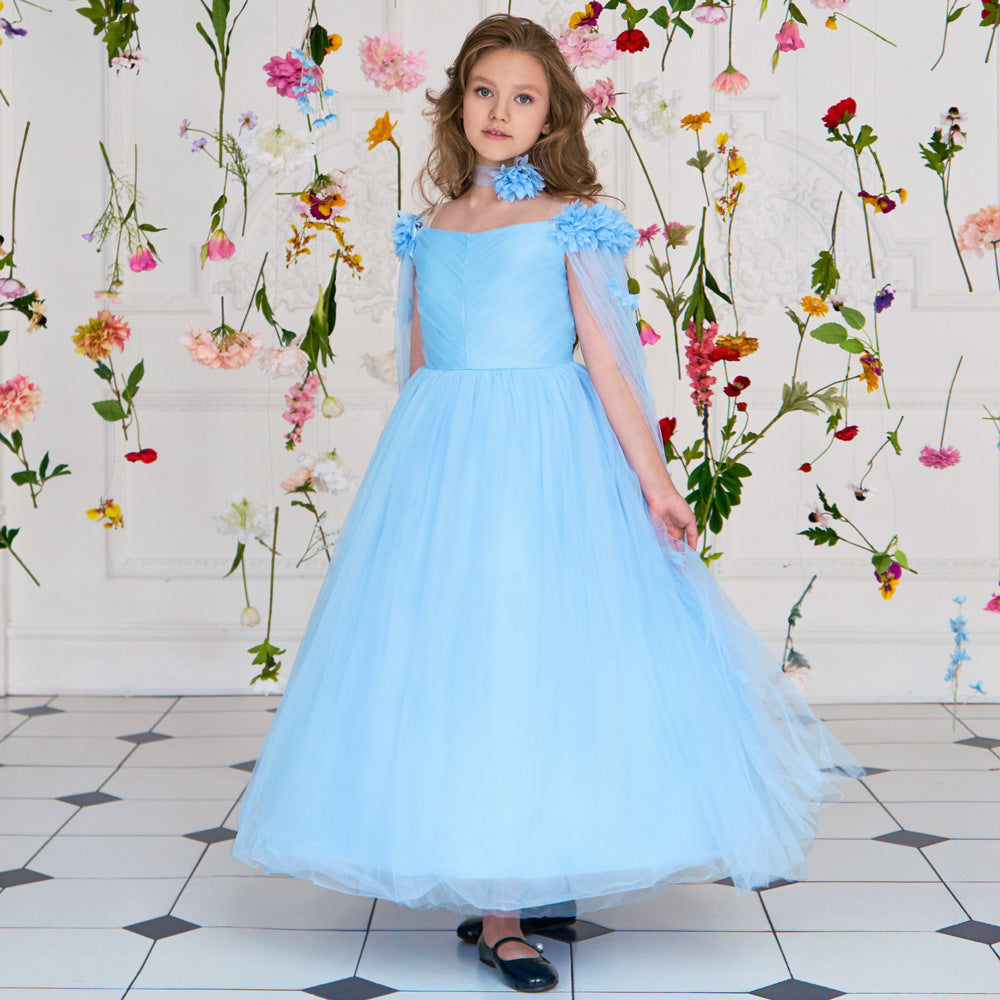 Cute Off Shoulder Maxi Tulle Dress for Girls – A-Line Princess Gown with Applique