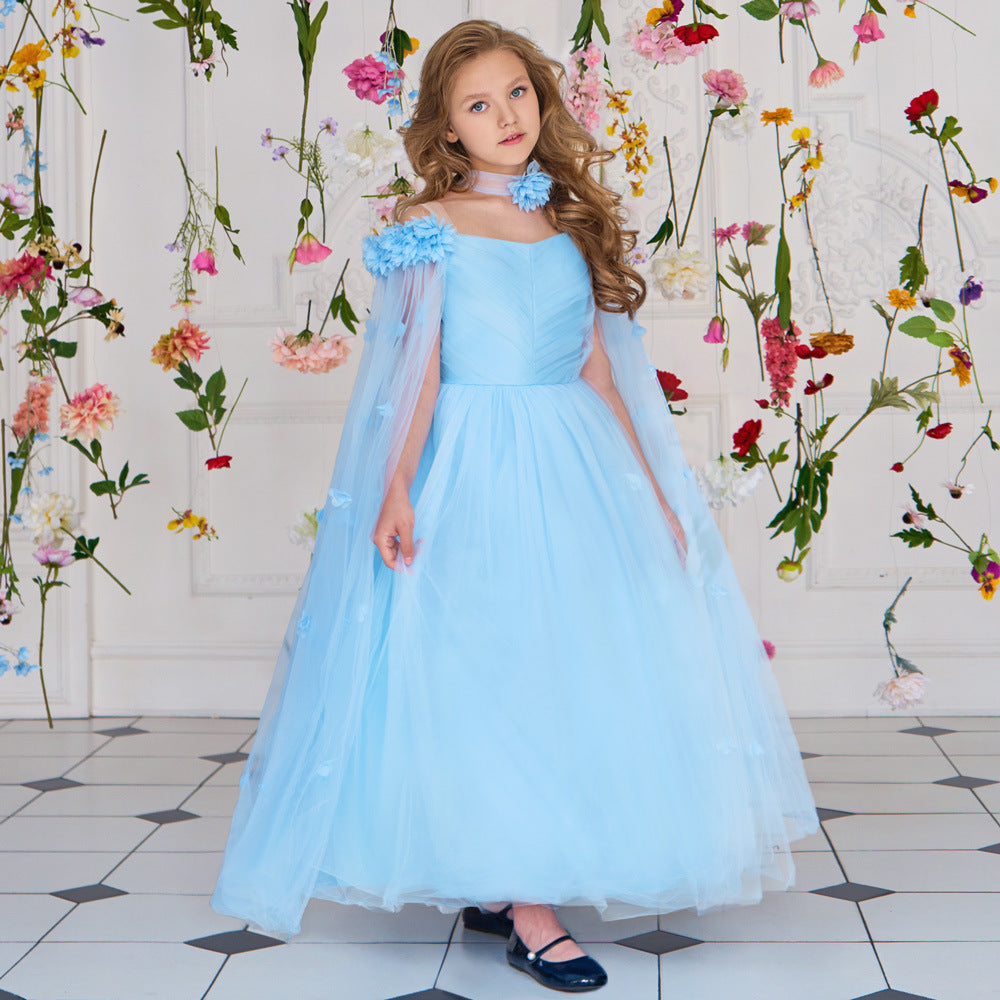 Cute Off Shoulder Maxi Tulle Dress for Girls – A-Line Princess Gown with Applique