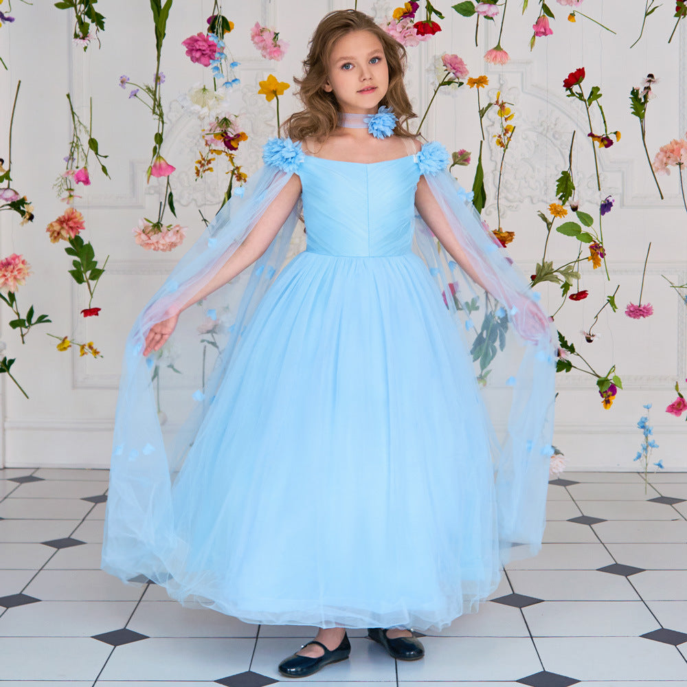 Cute Off Shoulder Maxi Tulle Dress for Girls – A-Line Princess Gown with Applique