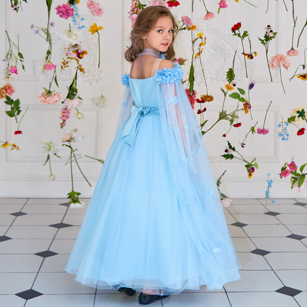 Cute Off Shoulder Maxi Tulle Dress for Girls – A-Line Princess Gown with Applique